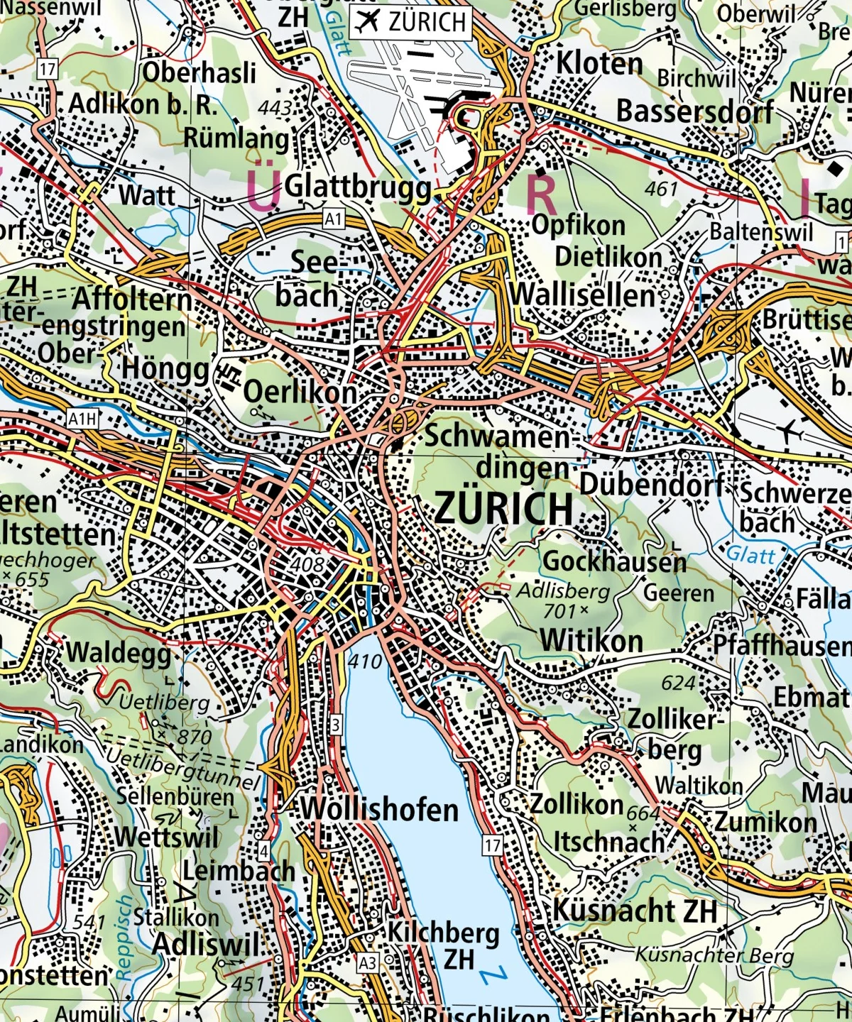 &Uuml;bersichtskarte: oben der Flughafen Z&uuml;rich, unten am Westufer des Z&uuml;richsees die Seegarten Klinik in Kilchberg, dazwischen die Stadt Z&uuml;rich.