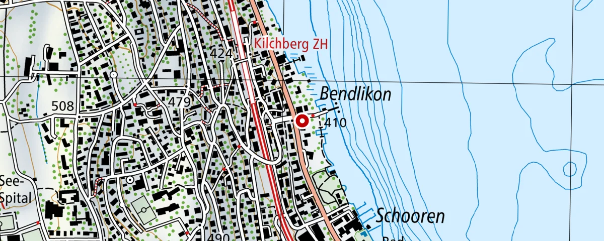 Map of Kilchberg on Lake Zurich. Seegarten Klinik is marked on Seestrasse, with Kilchberg railway station to the north and the Bendlikon boat landing to the south.