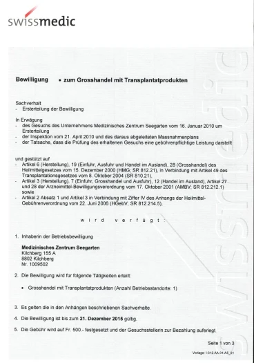 Swissmedic licence from 2010, valid until 2015 (first page, in German)